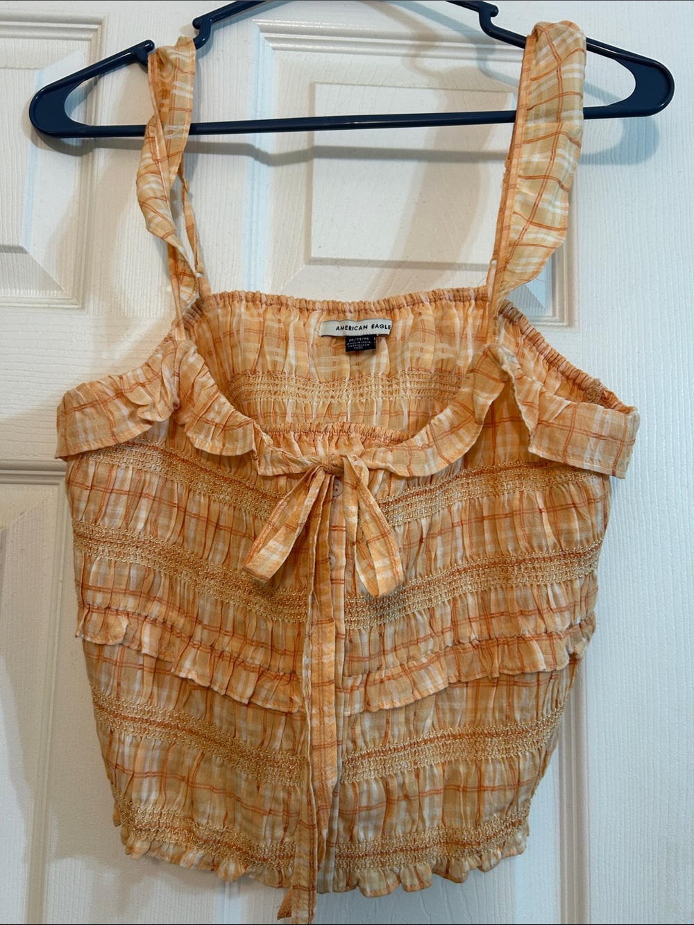 American Eagle Outfitters Peach Plaid Ruffle Tie-Front Camisole